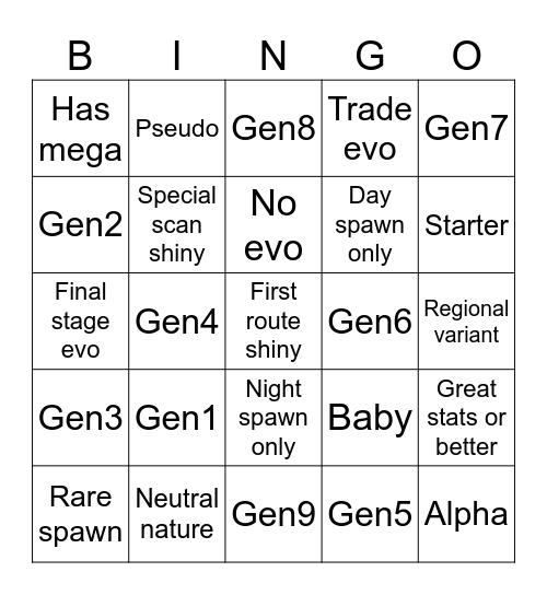 Shiny hunt ZA Bingo Card