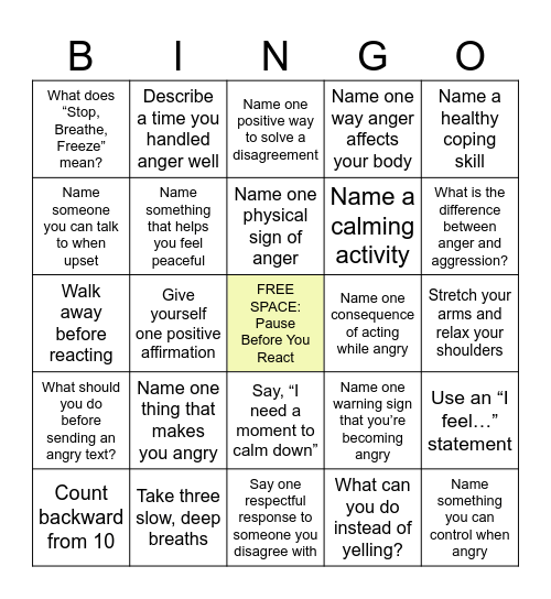Not Your Average Bingo: Anger Management Edition Bingo Card