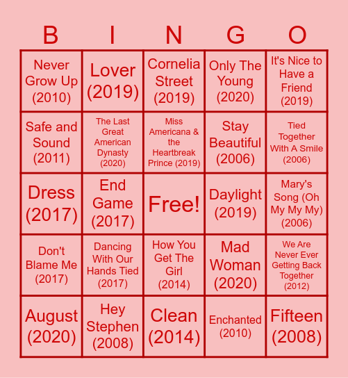 Taylor Swift BINGO Card