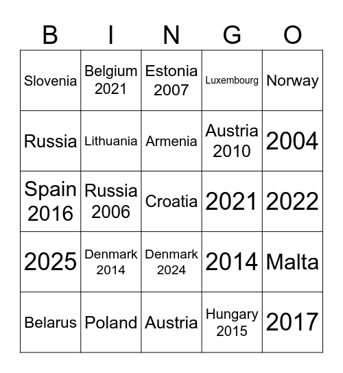 Non-Stop Hits Bingo Card