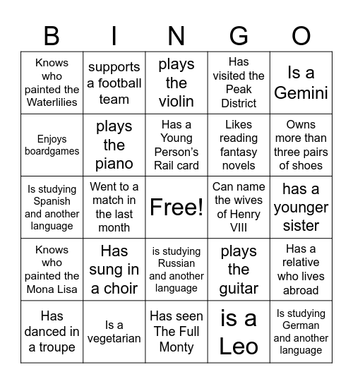Fresher's Bingo Card