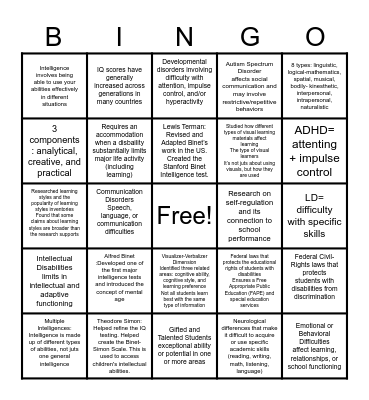 Learning Needs and Learning Differences Notes Bingo Card