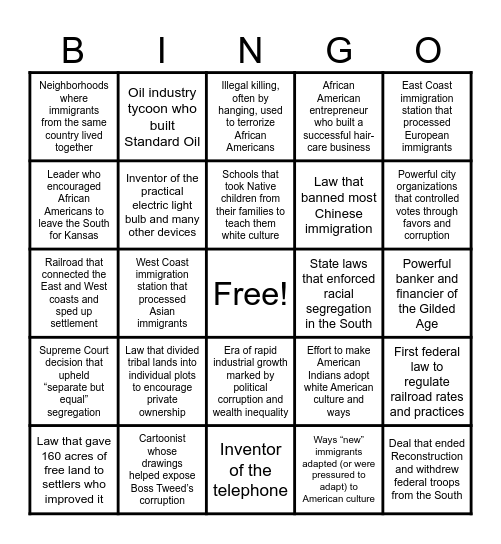 U.S History Bingo Card