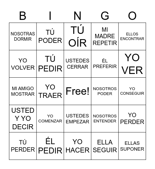 VERBOS IRREGULARES EN PRESENTE Bingo Card