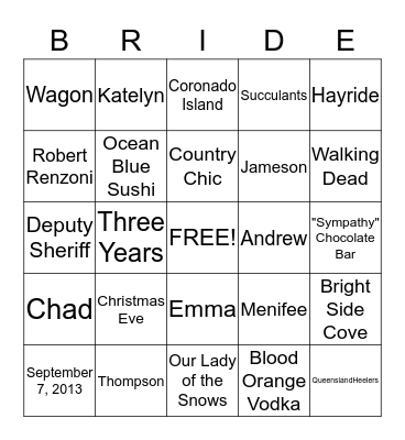 Amanda's Bridal Shower Bingo Card