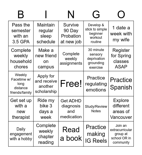 SEMESTER BINGO CARD Bingo Card