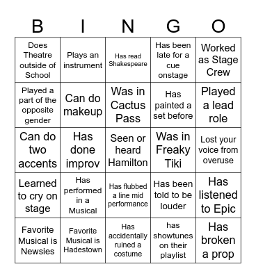 Drama Club Bingo Card