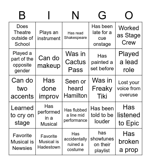 Drama Club Bingo Card