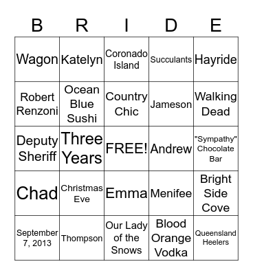 Amanda's Bridal Shower Bingo Card