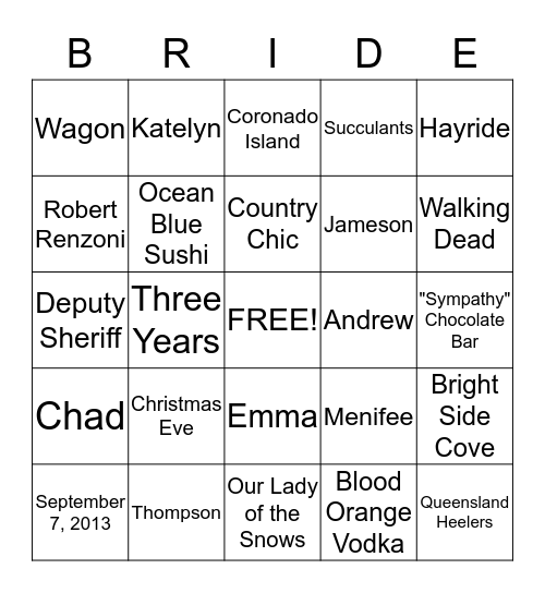 Amanda's Bridal Shower Bingo Card