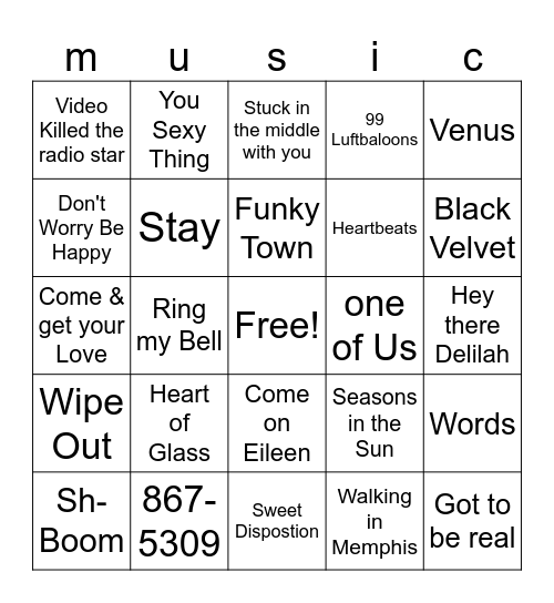 One Hit Wonder Bingo Card