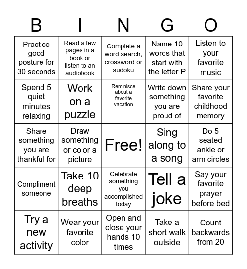 Active Aging Week Bingo Card