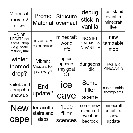 Minecraft Live Bingo Card