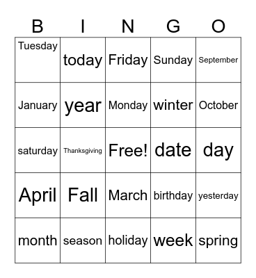 Calendar Bingo Card