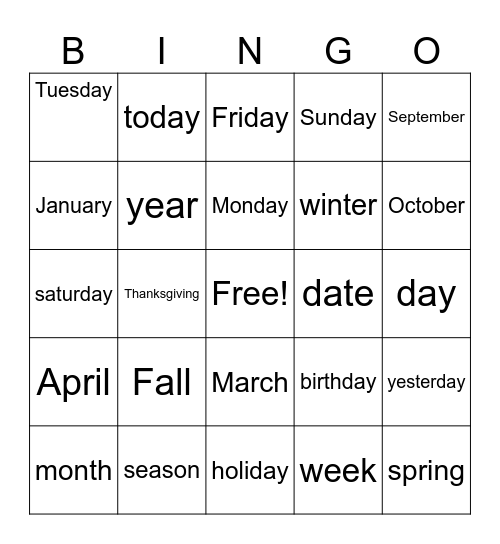 Calendar Bingo Card