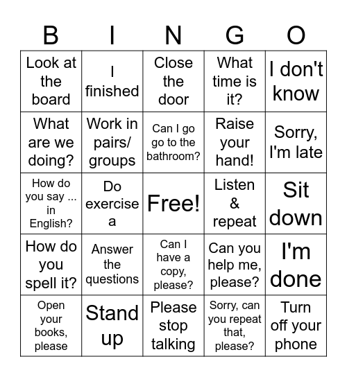 Classroom Language Bingo Card