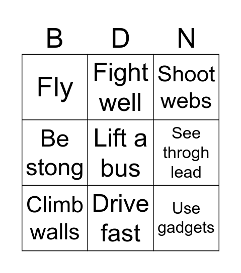 SUPER HEROES Bingo Card