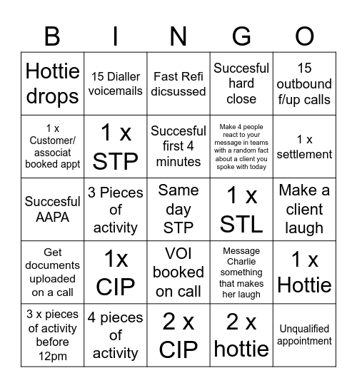 Activity Bingo Card