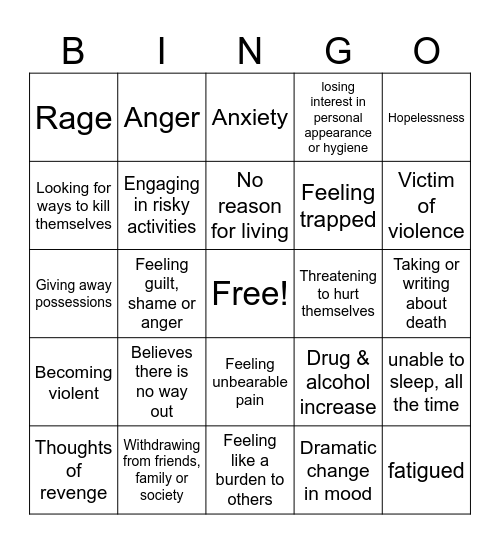 Warning Signs Bingo Card