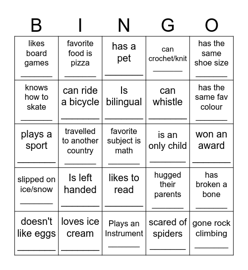 Get to Know Everyone Bingo Card