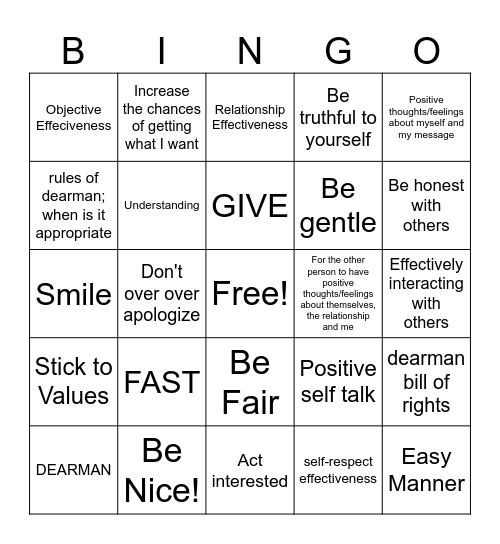 Interpersonal Effectiveness Bingo Card