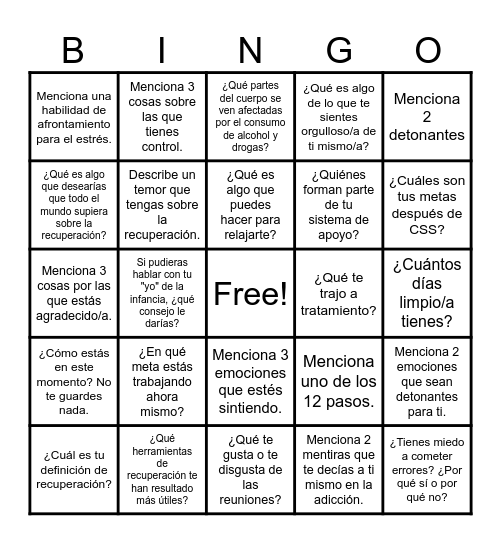 Lotería de la recuperación Bingo Card