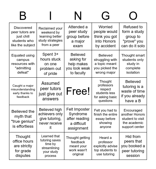 Honors & Peer Tutor Bingo Card