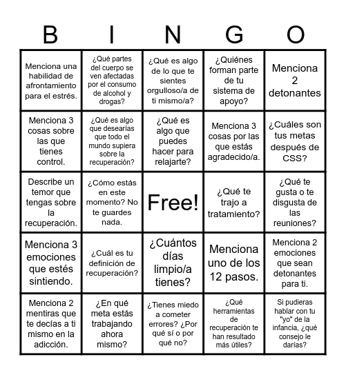 Lotería de la recuperación Bingo Card