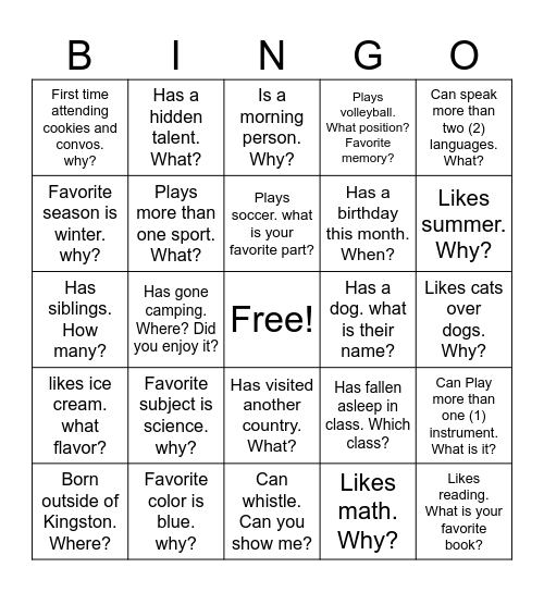 Get to Know You Bingo! Bingo Card