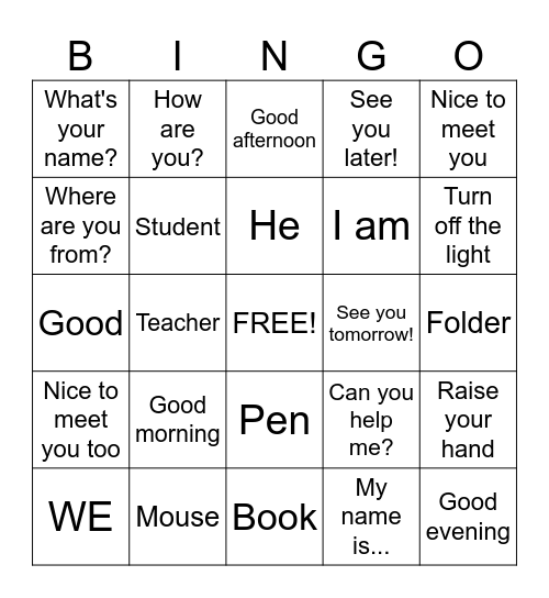 Greetings and Classroom Commands Bingo Card
