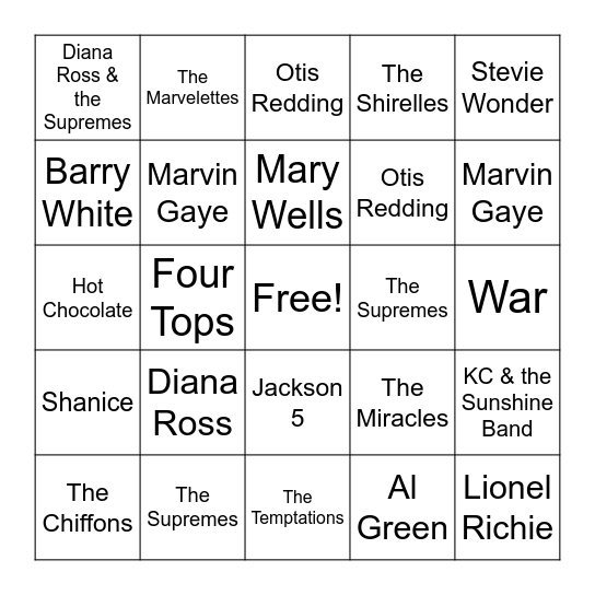 Motown - Artist Bingo Card