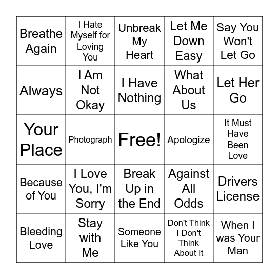 Heartbreak - Songs Bingo Card
