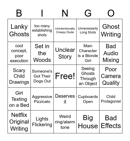 Horror Short Film Bingo Card