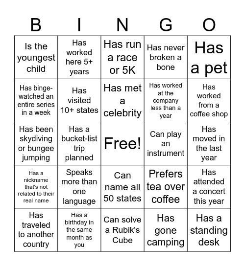 Get to Know People Bingo Card