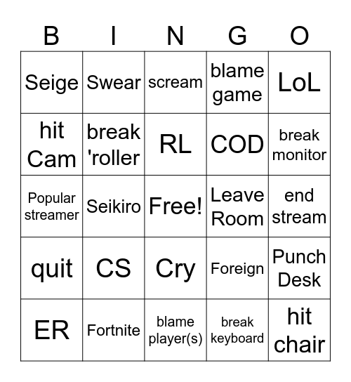 gamer rage Bingo Card