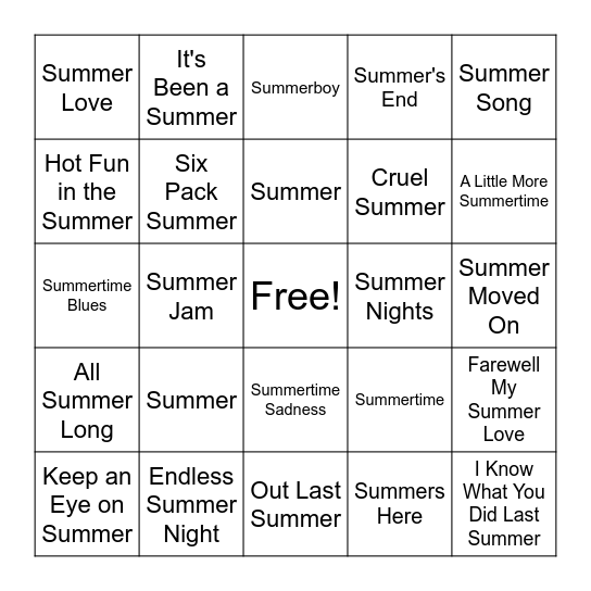 Summer in the Title - Songs Bingo Card
