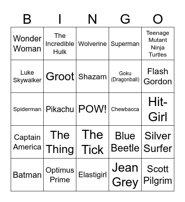 Superhero Bingo Card