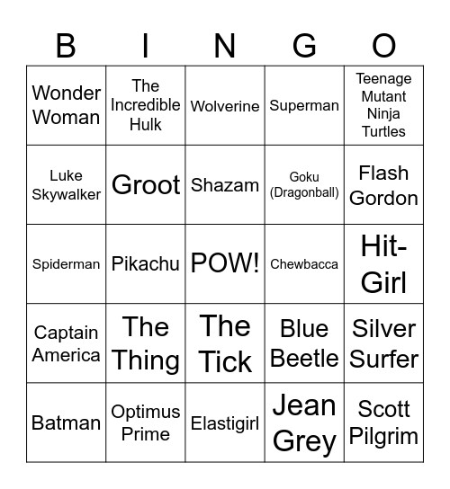 Superhero Bingo Card