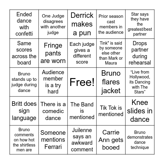 DWTS Week 2 Bingo Card