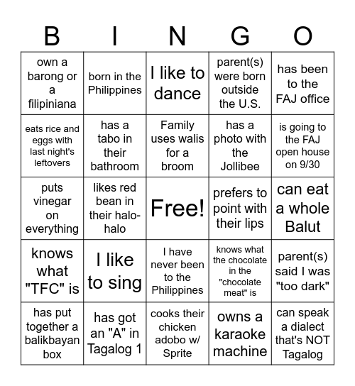 Filipino Bingo Card