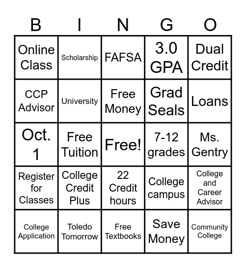 College CreditPlus BINGO Card