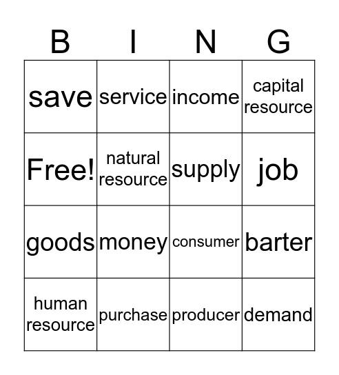 2nd Grade Economy  Bingo Card