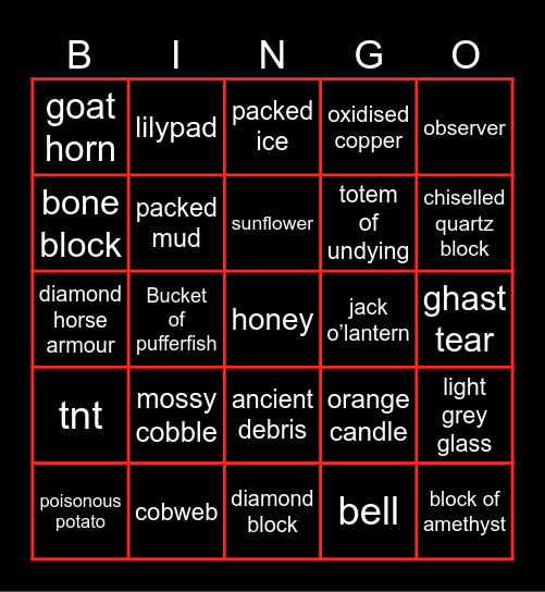 Minecraft Bingo Card