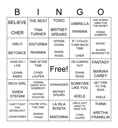 THE WOMEN OF MUSIC Bingo Card