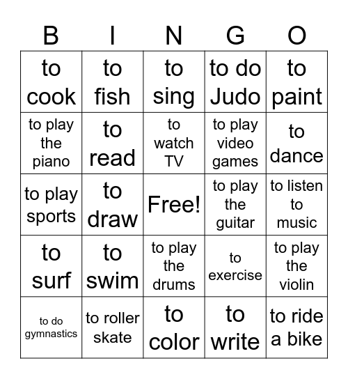 Hobbies Bingo Card