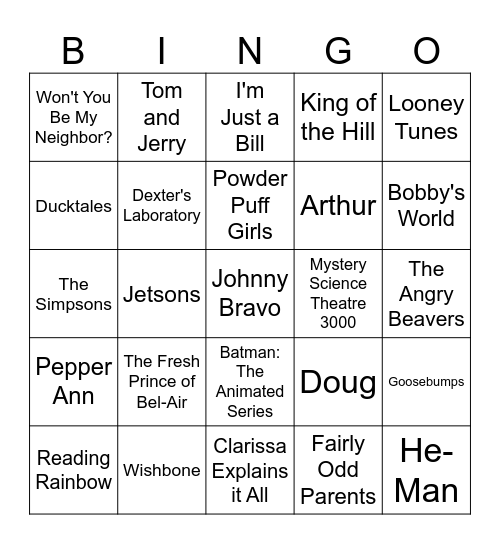90's Kids TV Nostalgia Bingo Card