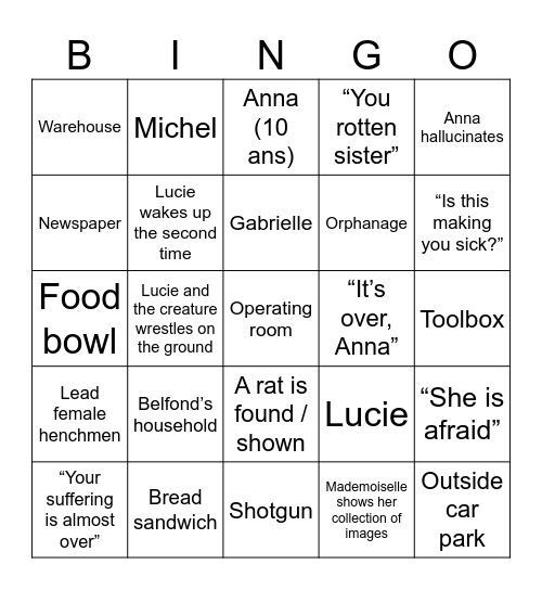 Martyrs bingo but you actually have to watch the movie Bingo Card