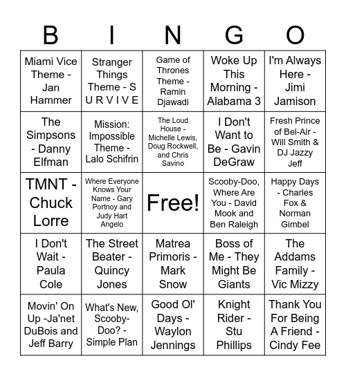 TV Themes Bingo Card