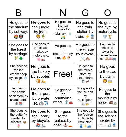 B13 L4 He goes to the library by bicycle. 📚🚲 Bingo Card