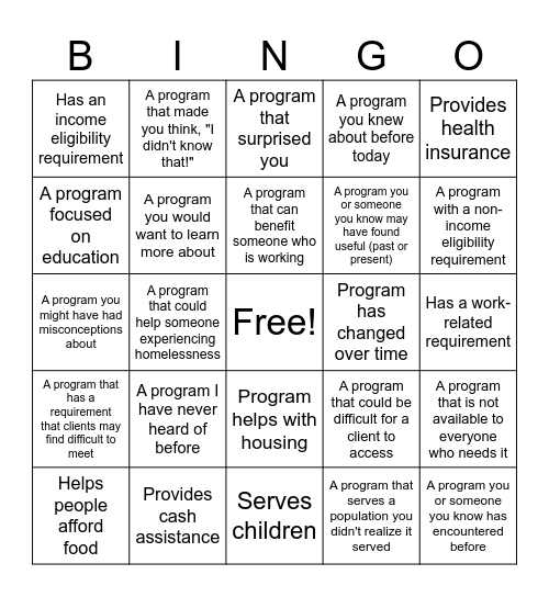 Social Safety Net Bingo Card